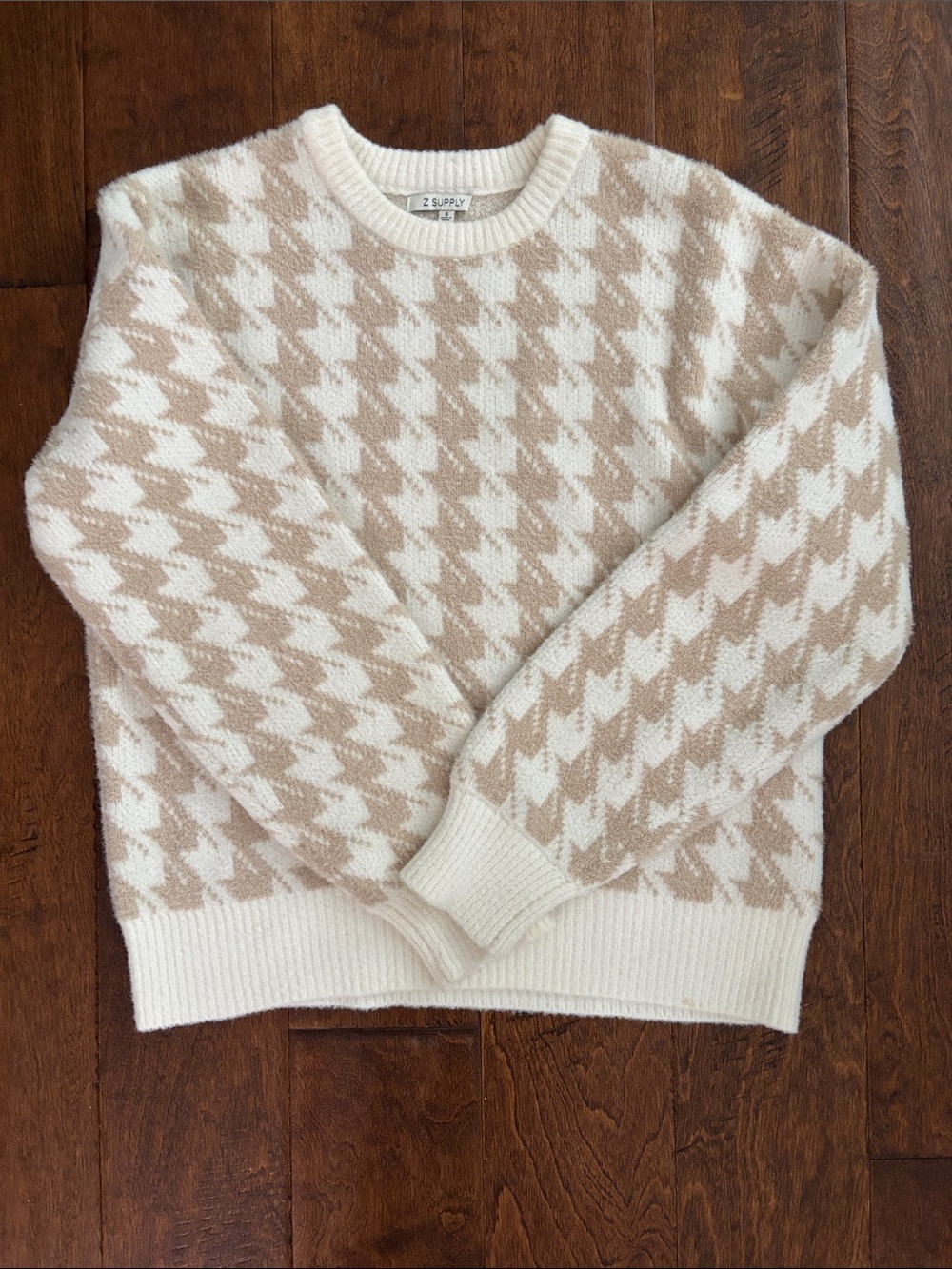 Z Supply Cream & Tan Houndstooth Crewneck Sweater